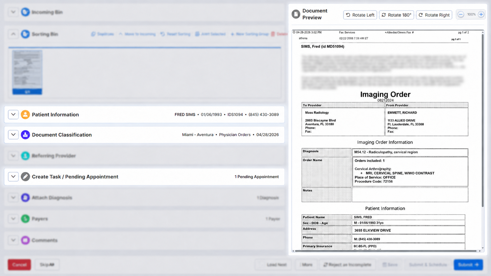 Fax AI reading an inbound imaging order and extracting patient, referring physician, and exam details automatically
