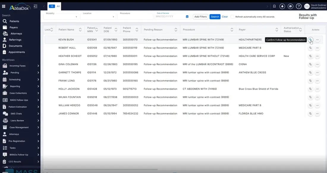 Follow-up recommendation pulled from a signed report and tracked