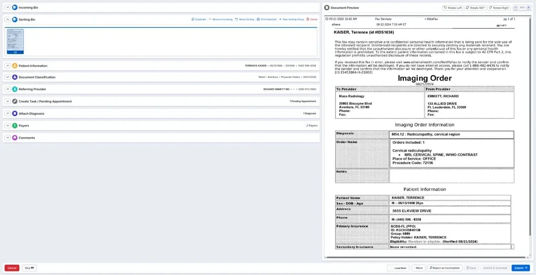Inbound faxed order read by Fax AI and queued as a pending appointment
