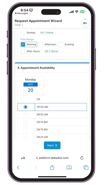 Patient self-scheduling screen showing available appointment times
