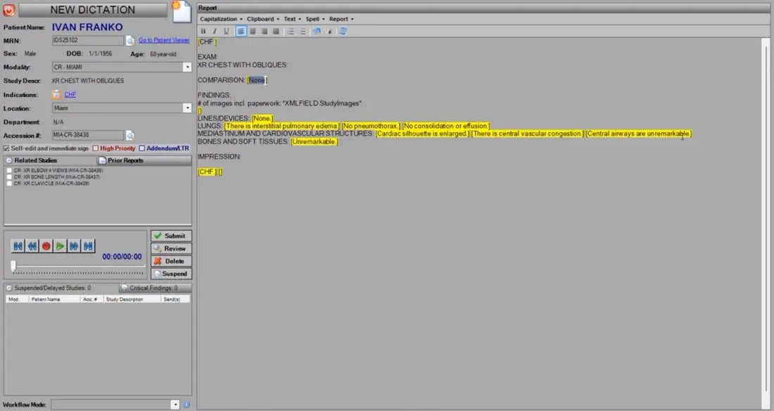 Radiologist reporting view with dictation and templates