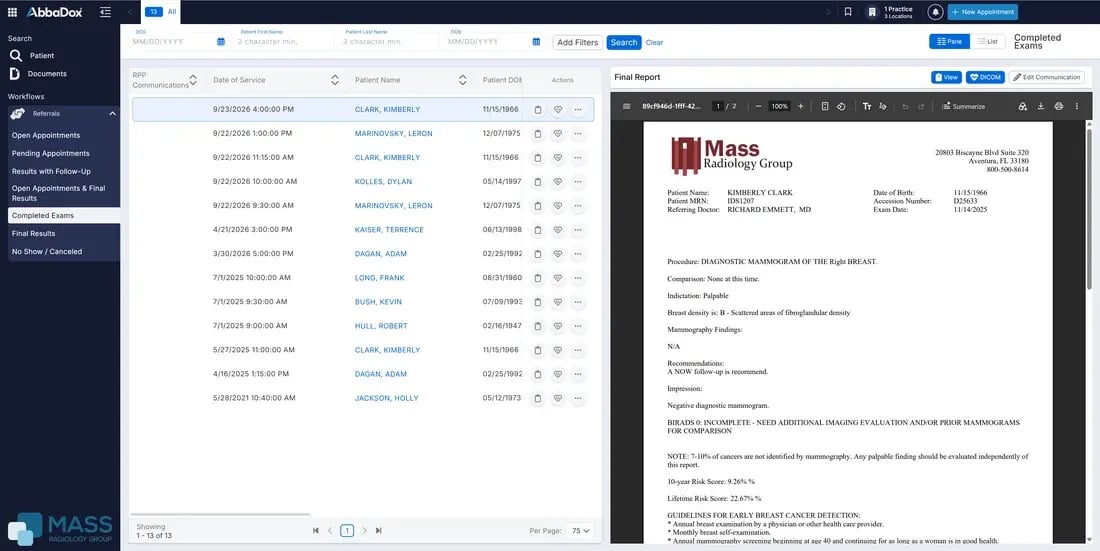 Referring physician portal showing appointment status