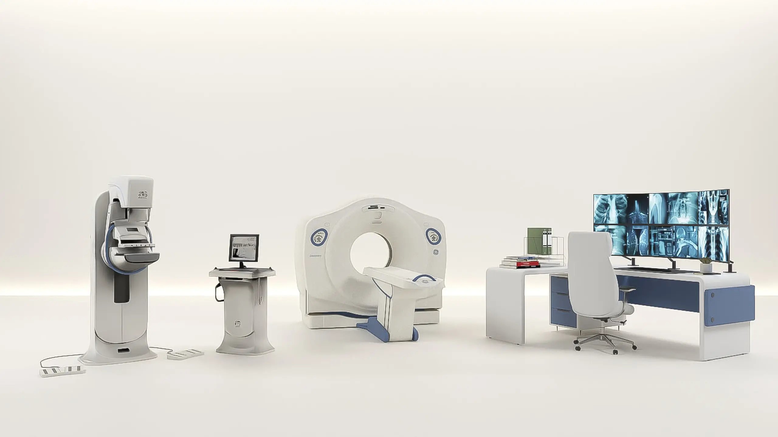 A mammography unit, a mobile control console, a CT scanner and a reading desk with a wall of diagnostic monitors showing radiology images, on an open studio floor.