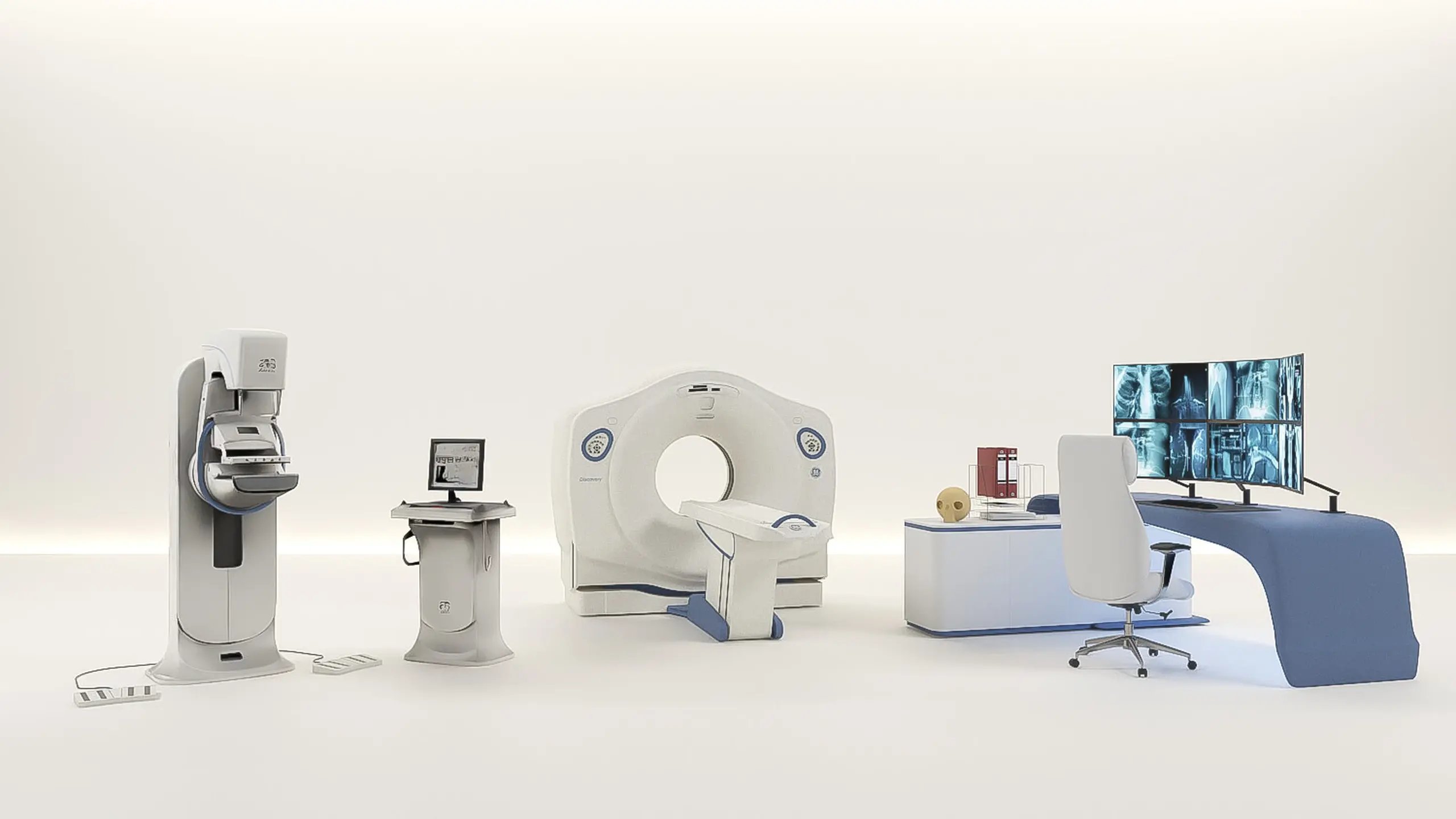 A mammography unit, a mobile control console, a CT scanner and a curved reading desk with a wall of diagnostic monitors showing radiology images, on an open studio floor.