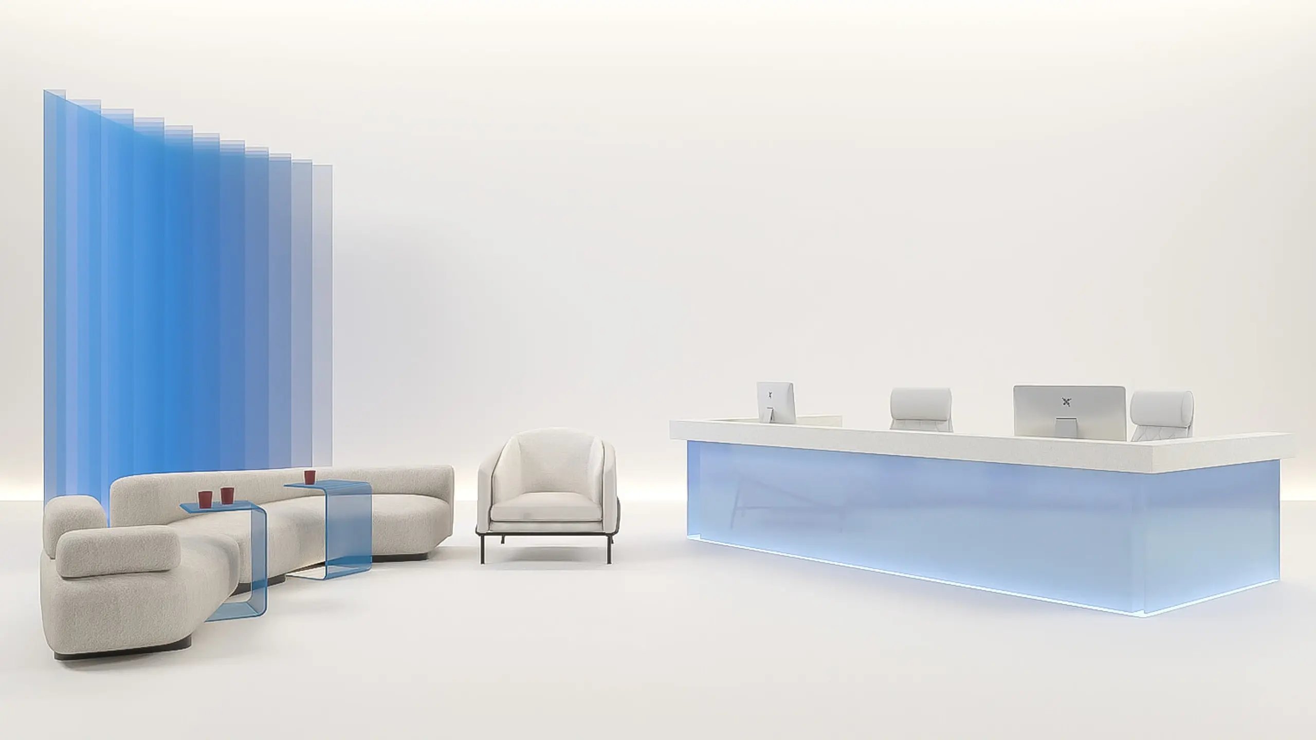 A translucent blue screen wall, a curved waiting sofa with an armchair and glass side tables, and a long illuminated reception counter with three check-in workstations, on an open studio floor.