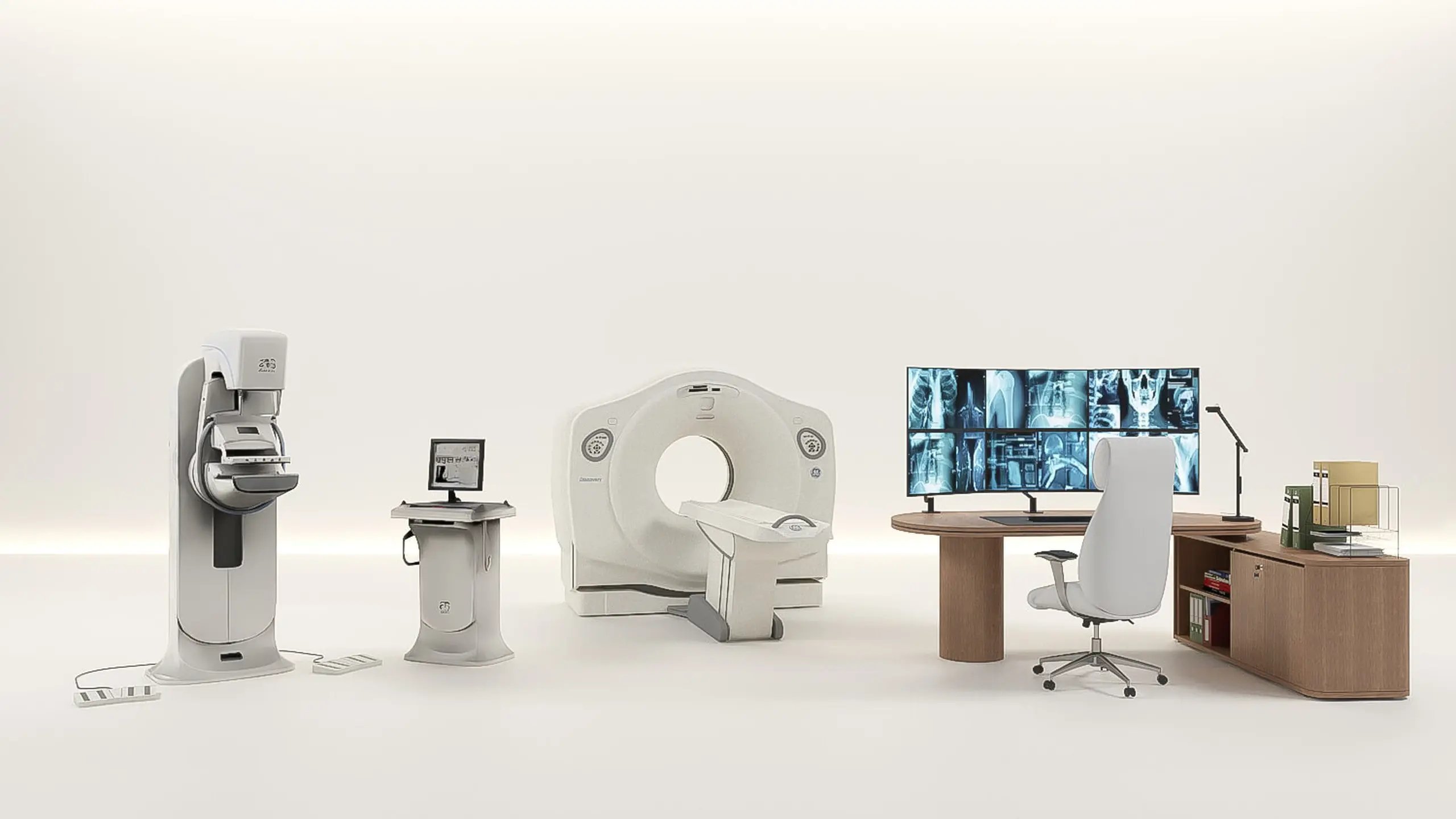 A mammography unit, a mobile control console, a CT scanner and a walnut reading desk with a wall of diagnostic monitors showing radiology images, on an open studio floor.