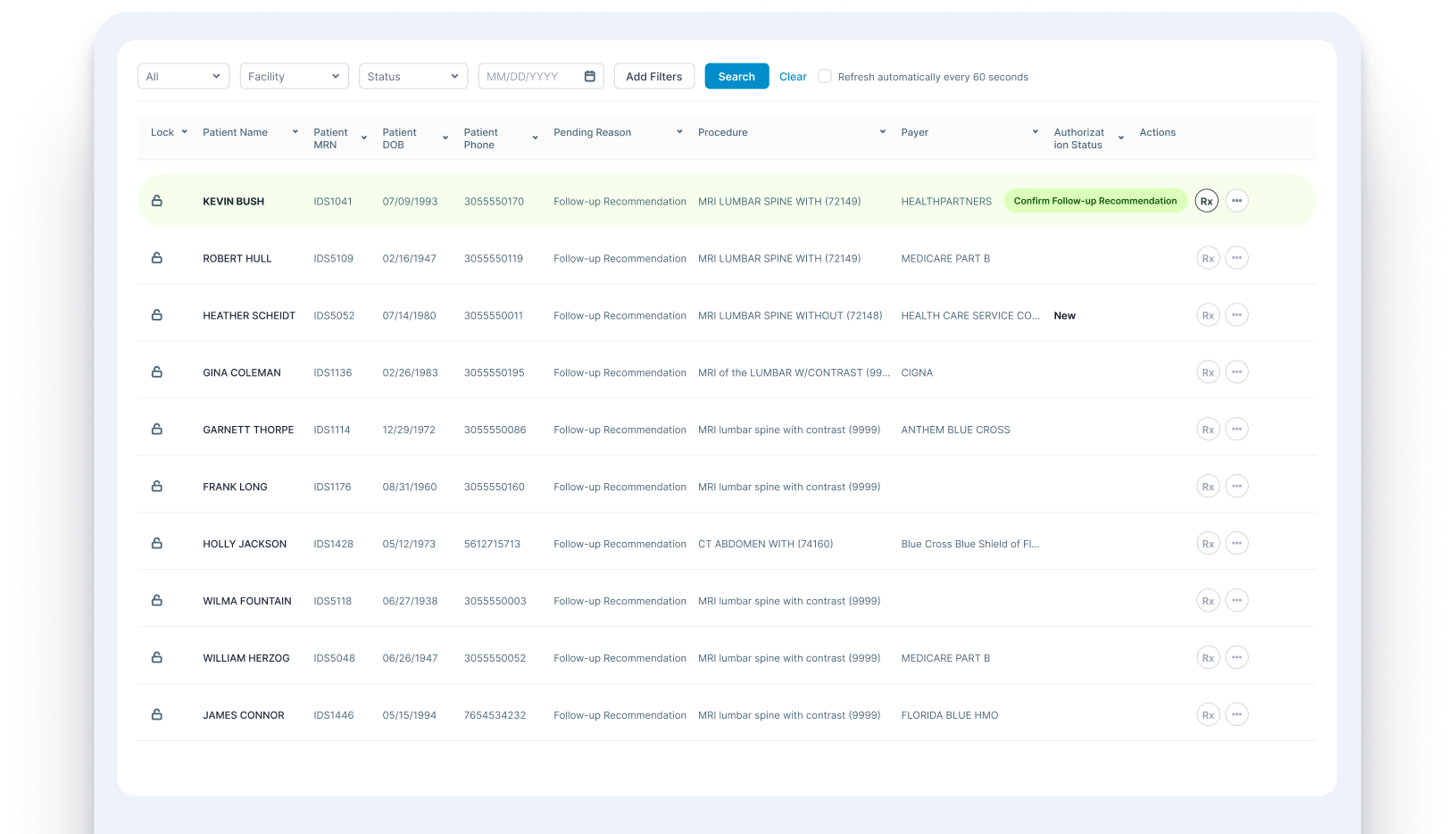 A CareFlow worklist of patients with a follow-up recommendation detected in their report, ready to confirm