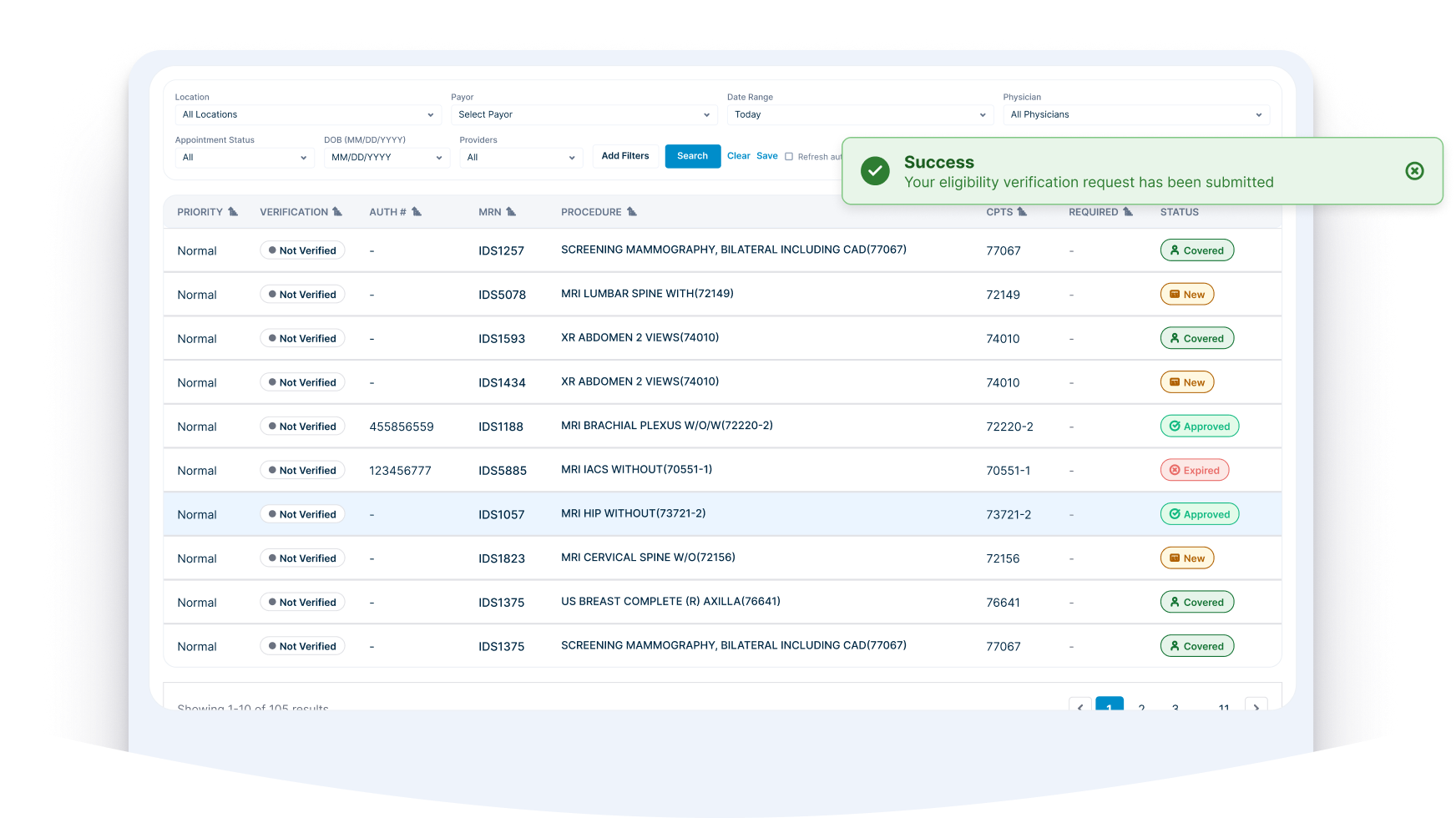 A CareFlow worklist showing insurance verification status, authorization numbers and coverage for each upcoming exam