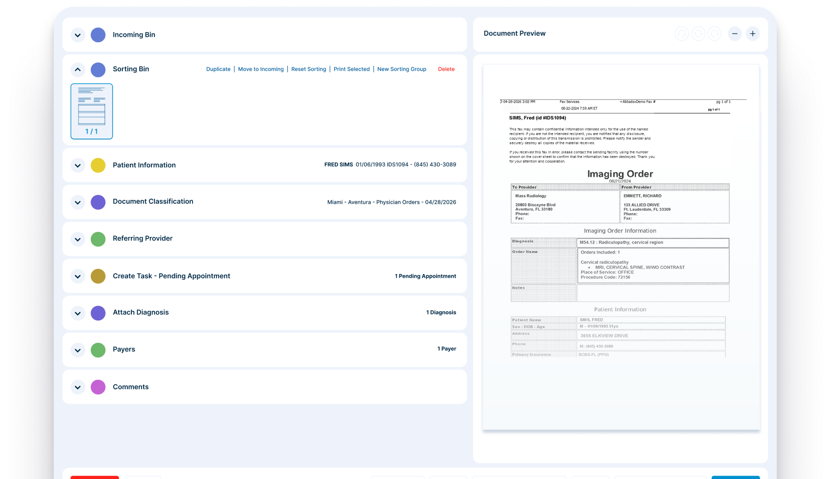 CareFlow reading a faxed imaging order and filling in the patient, referring provider and payer automatically