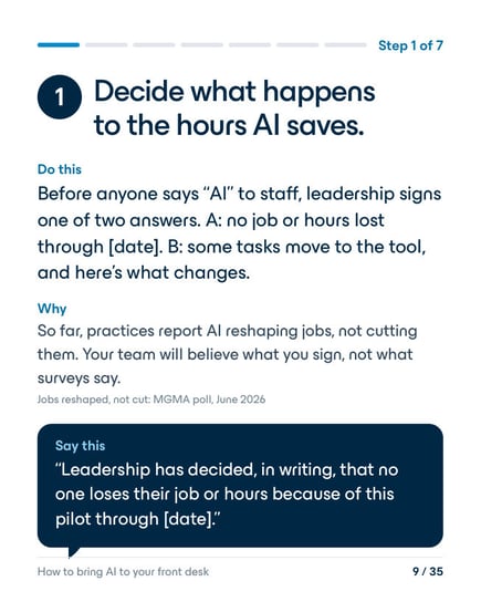 Page 9: Step 1, Decide what happens to the hours AI saves, with Do this, Why and Say this.