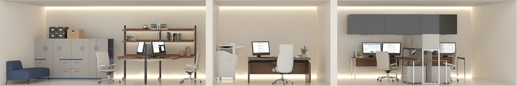 Cutaway of a referral and back-office floor: records store, fax and print desk, and a shared back-office of workstations