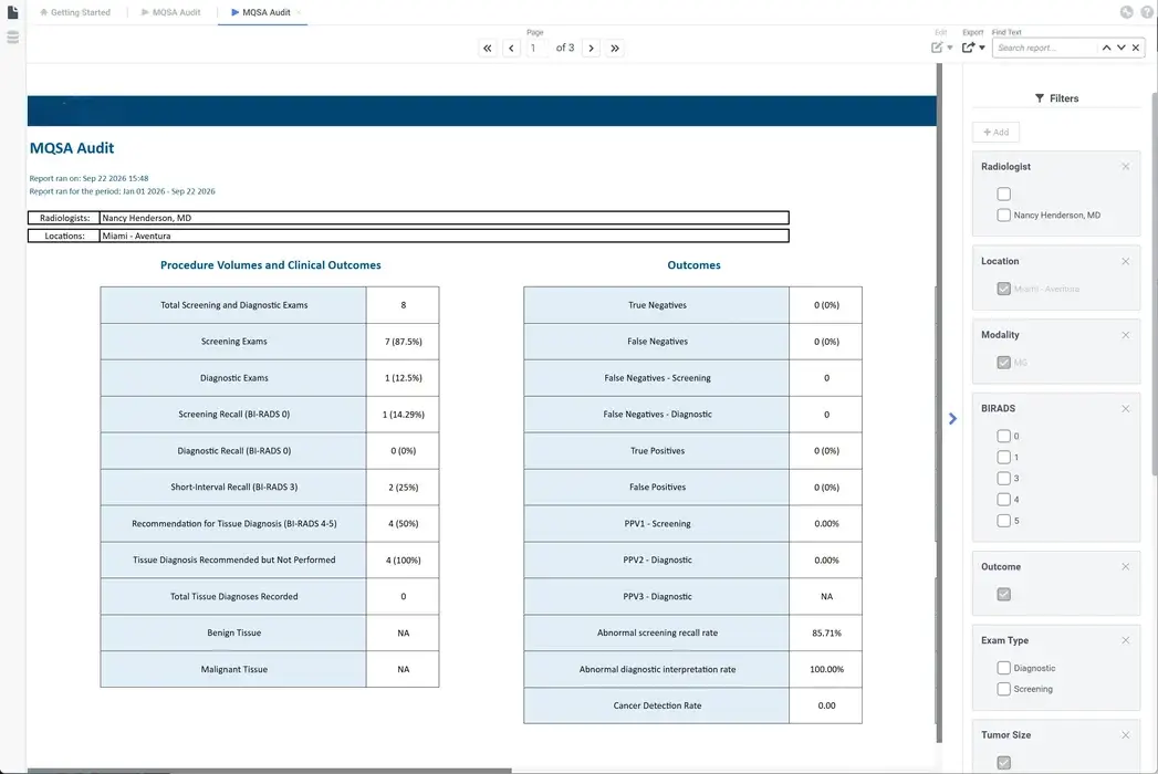 MQSA audit report with procedure volumes and clinical outcomes