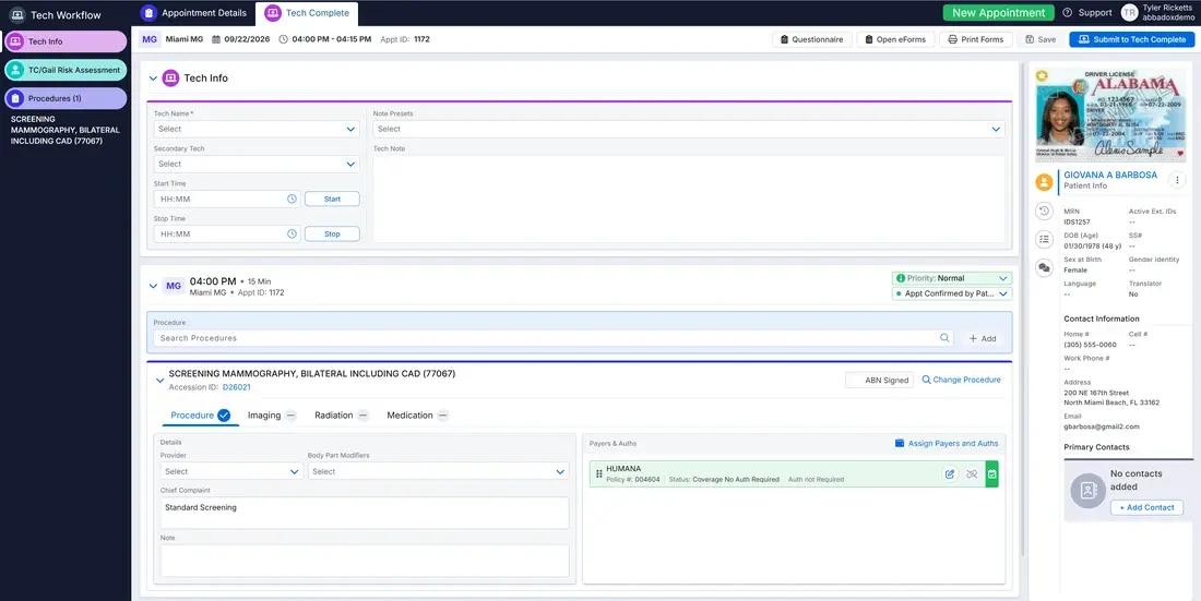 Technologist workflow with finalized reports and patient visit info