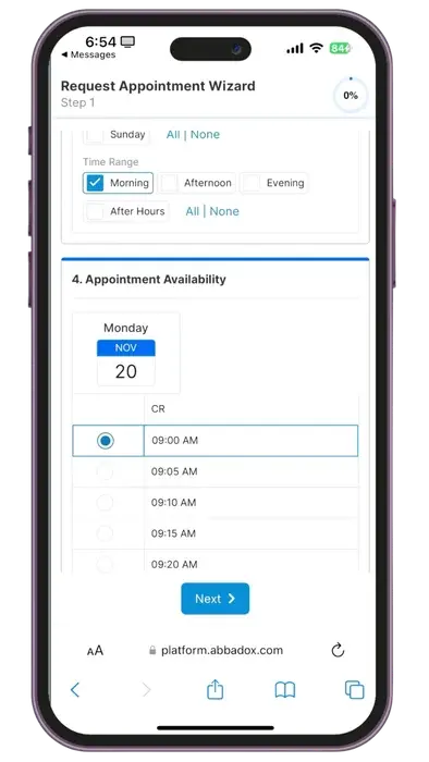 Self-scheduling calendar showing open appointment times across locations