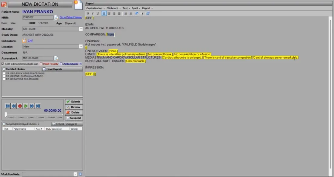 Structured radiology report being built from a smart template
