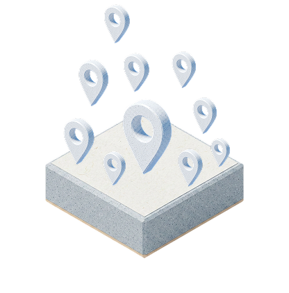 Dozens of location pins gathered on a single base