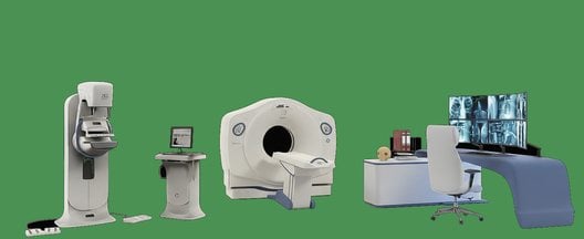 Illustration of the imaging and reading rooms in a hospital radiology department