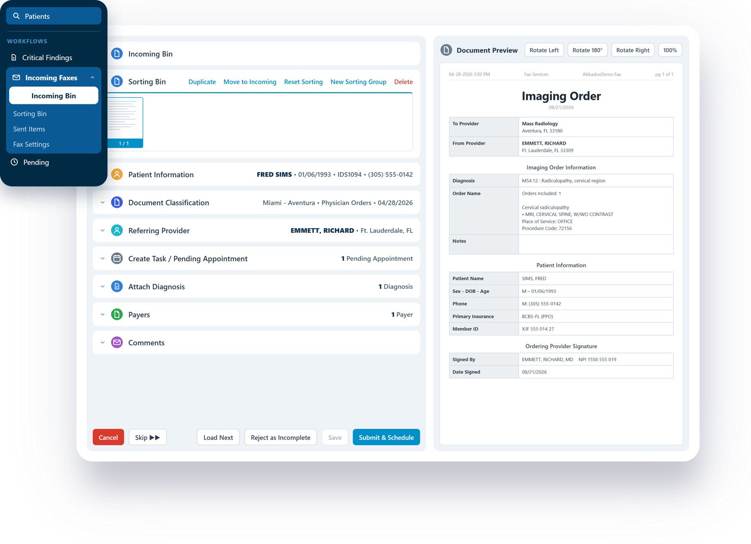 An imaging order faxed in from an outside referring practice, read automatically into structured patient, provider, diagnosis and payer fields, ready to schedule