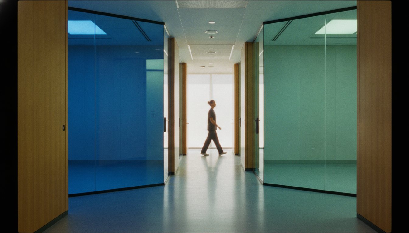 A glazed corridor linking two imaging suites, one lit blue and the other green, with a technologist walking between them