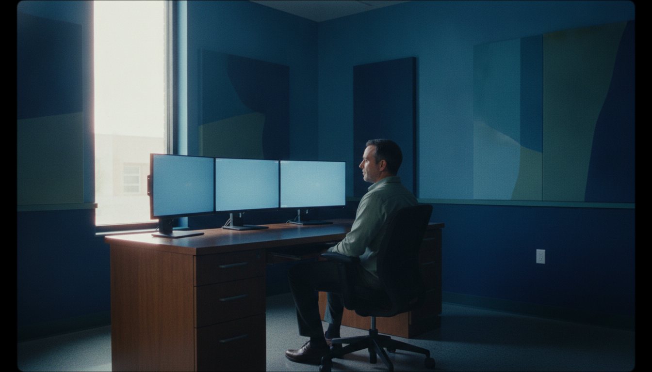 A radiologist at a three-monitor reading desk in a daylit blue reading room