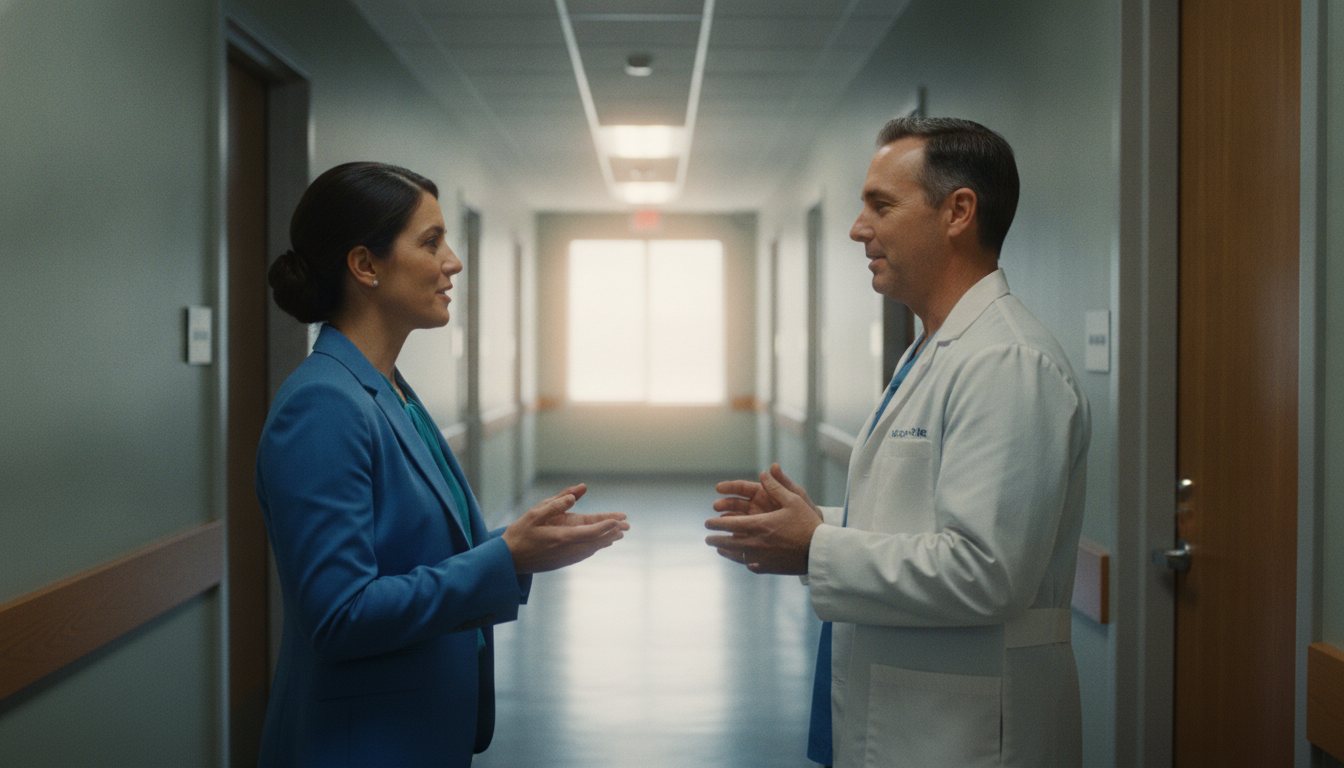 A physician liaison and a referring physician talking in a clinic corridor