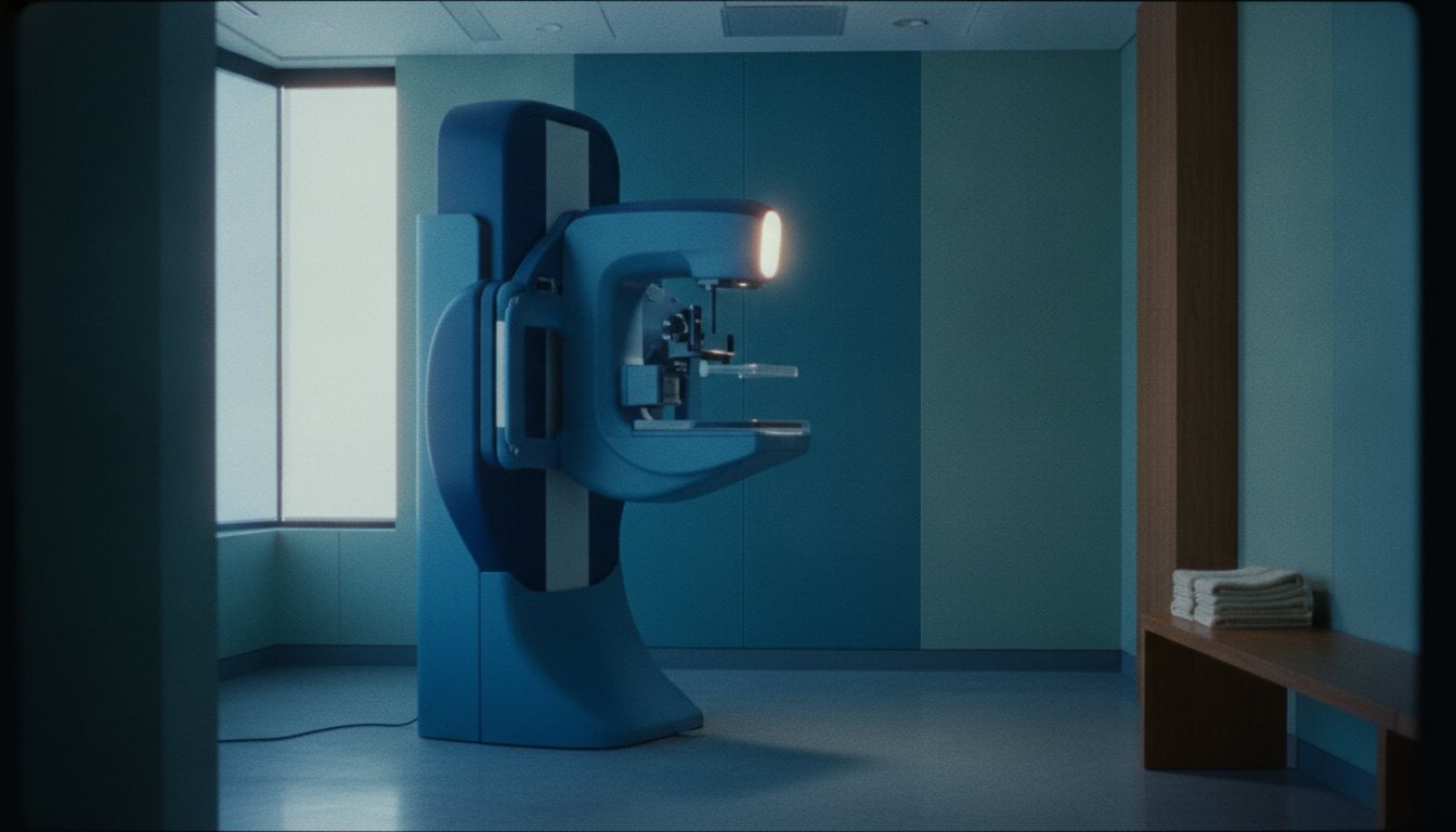 An empty mammography suite with the unit lit as a sculptural form
