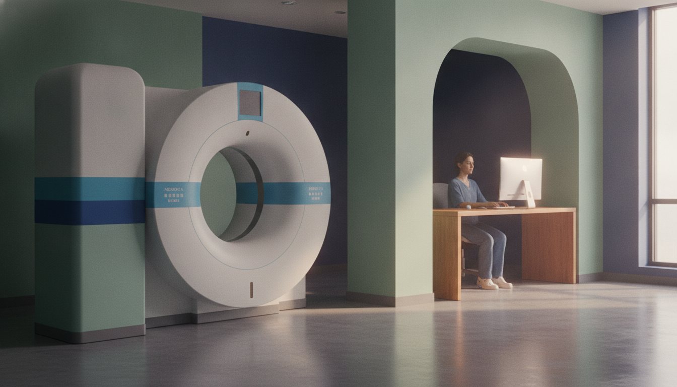 An imaging center interior showing a scanner room and a workstation alcove in one view
