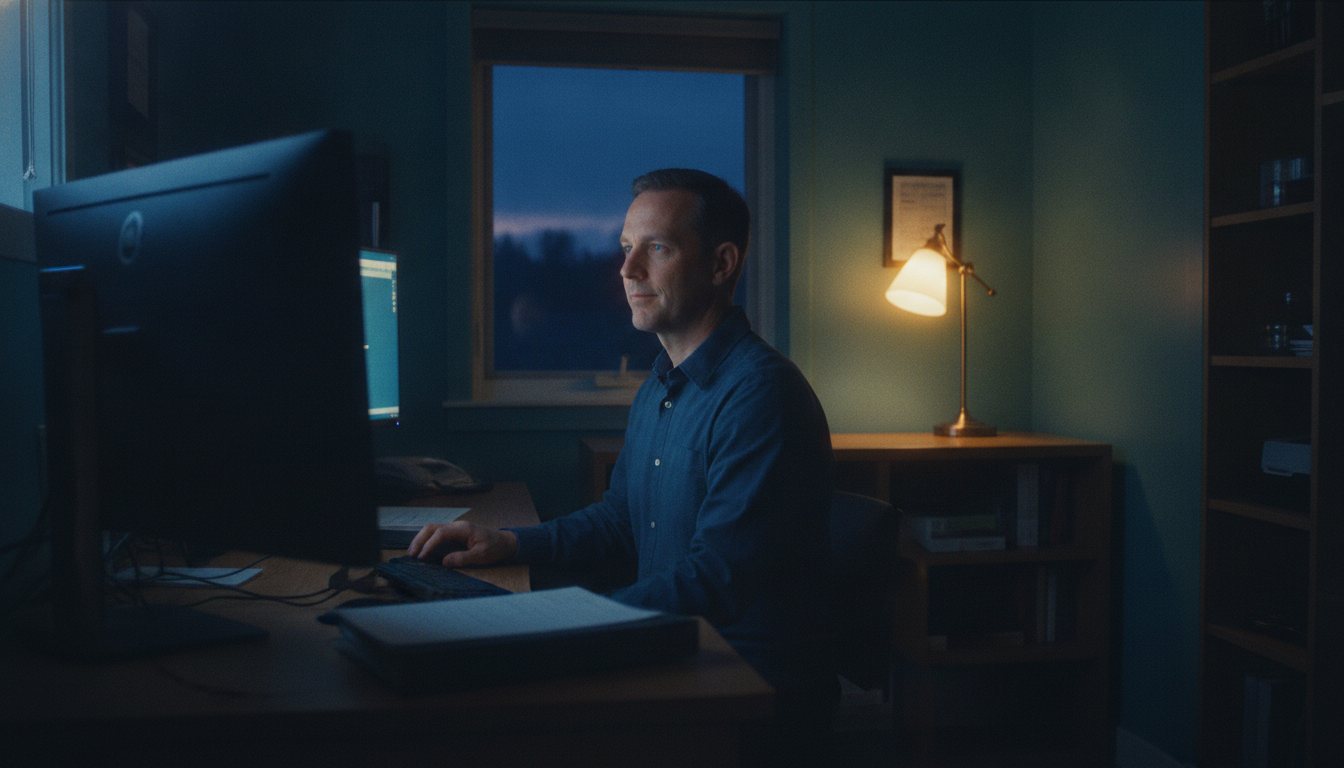 A radiologist reading alone in the evening, lit by a desk lamp and monitor glow