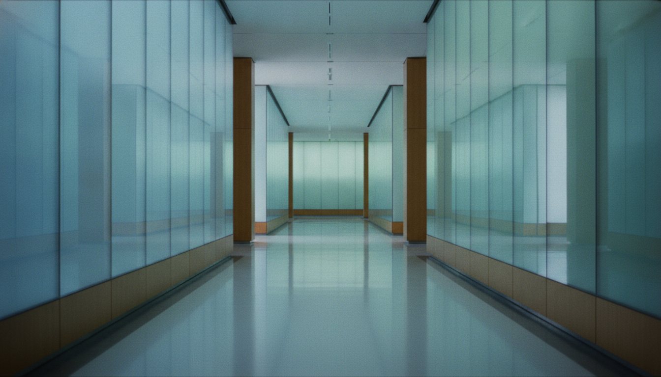 A corridor of backlit translucent panels receding in perspective, standing for an ordered archive