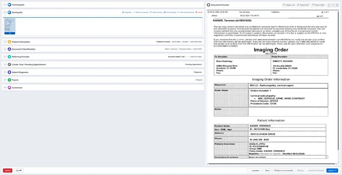 Fax AI in CareFlow: the patient, exam and referring provider read from a faxed imaging order, beside the fax itself (demo data)