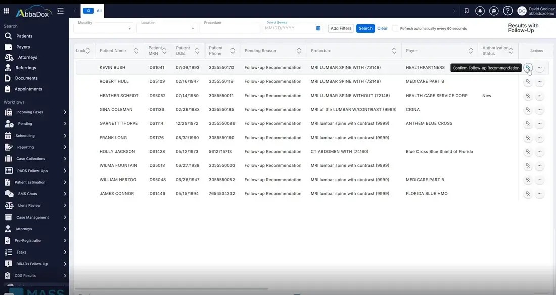 AI Follow-Up Recommendations in CareFlow: the worklist of patients with a recommended follow-up exam (demo data)