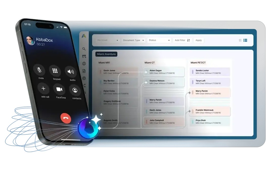 Voice AI: a patient call, and the slots it books on the CareFlow scheduling board (demo data)