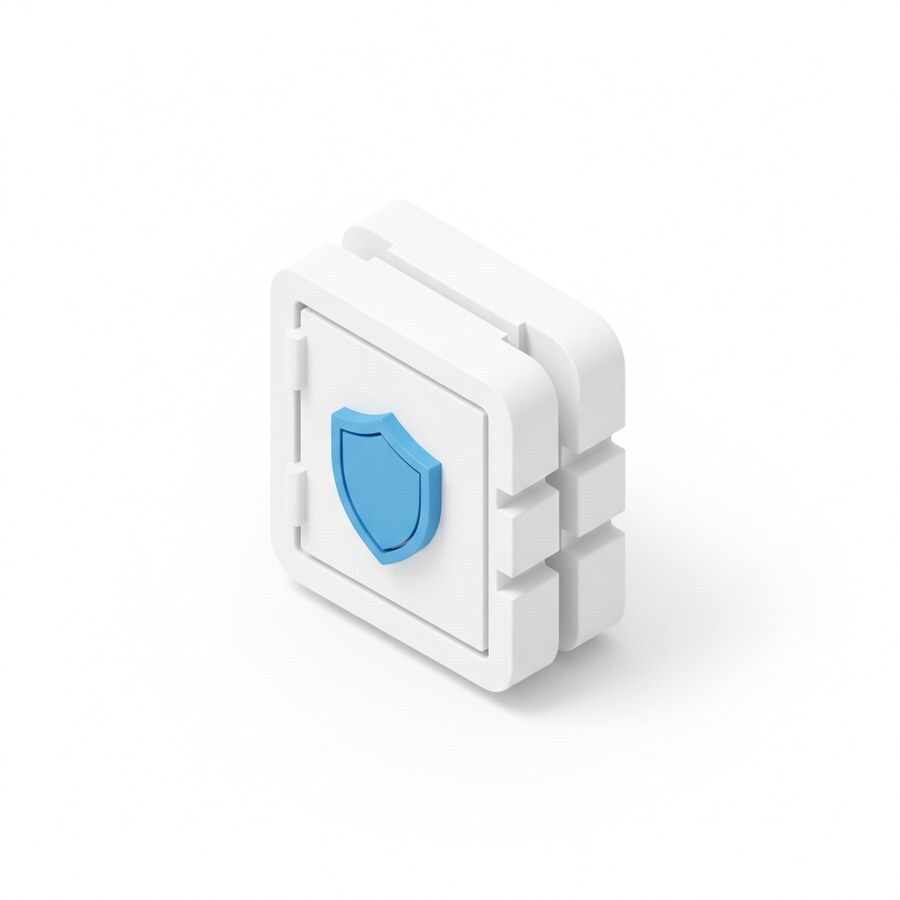 A secure vault with a blue shield emblem on its door