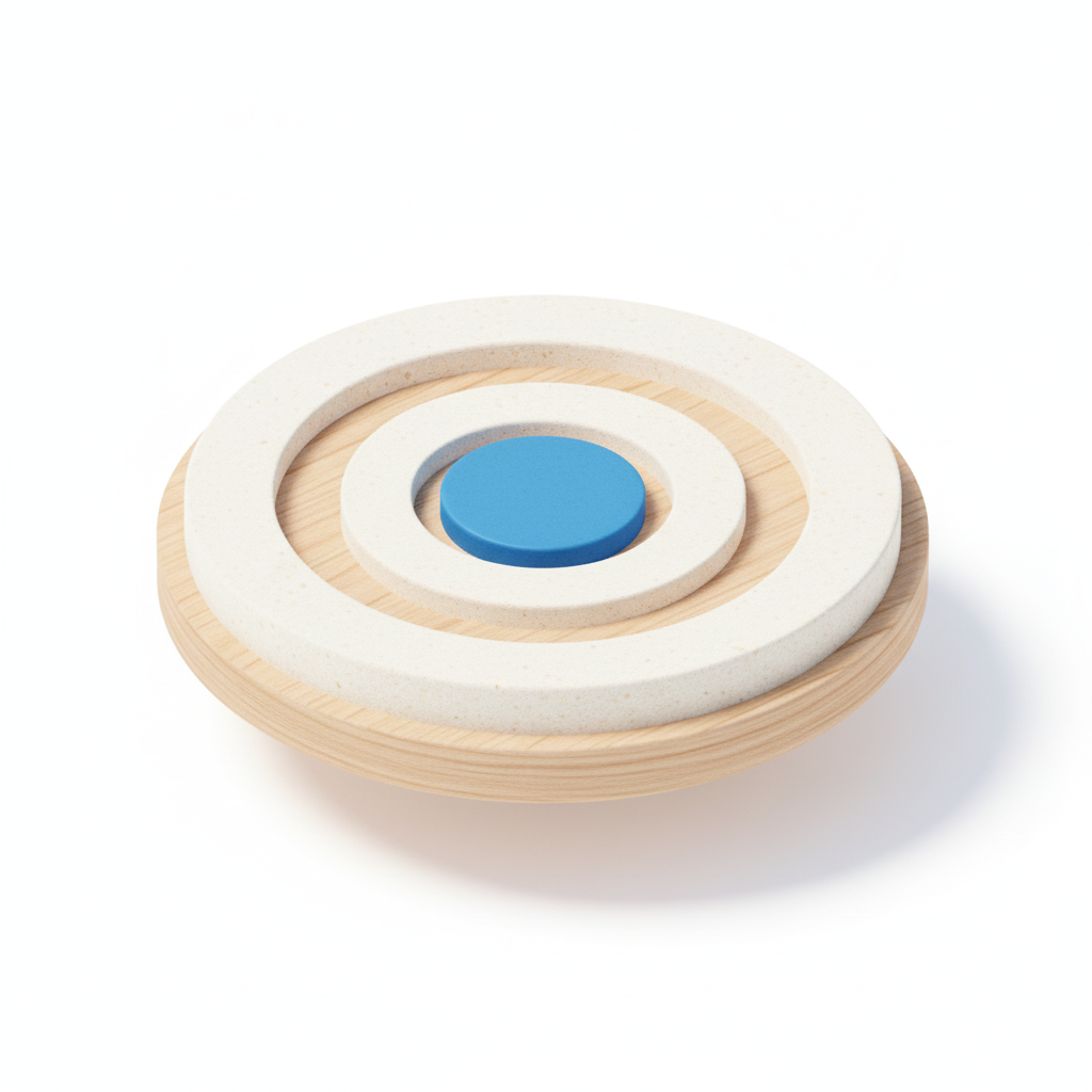 A ceramic bowl of concentric rings with a single blue sphere at its center