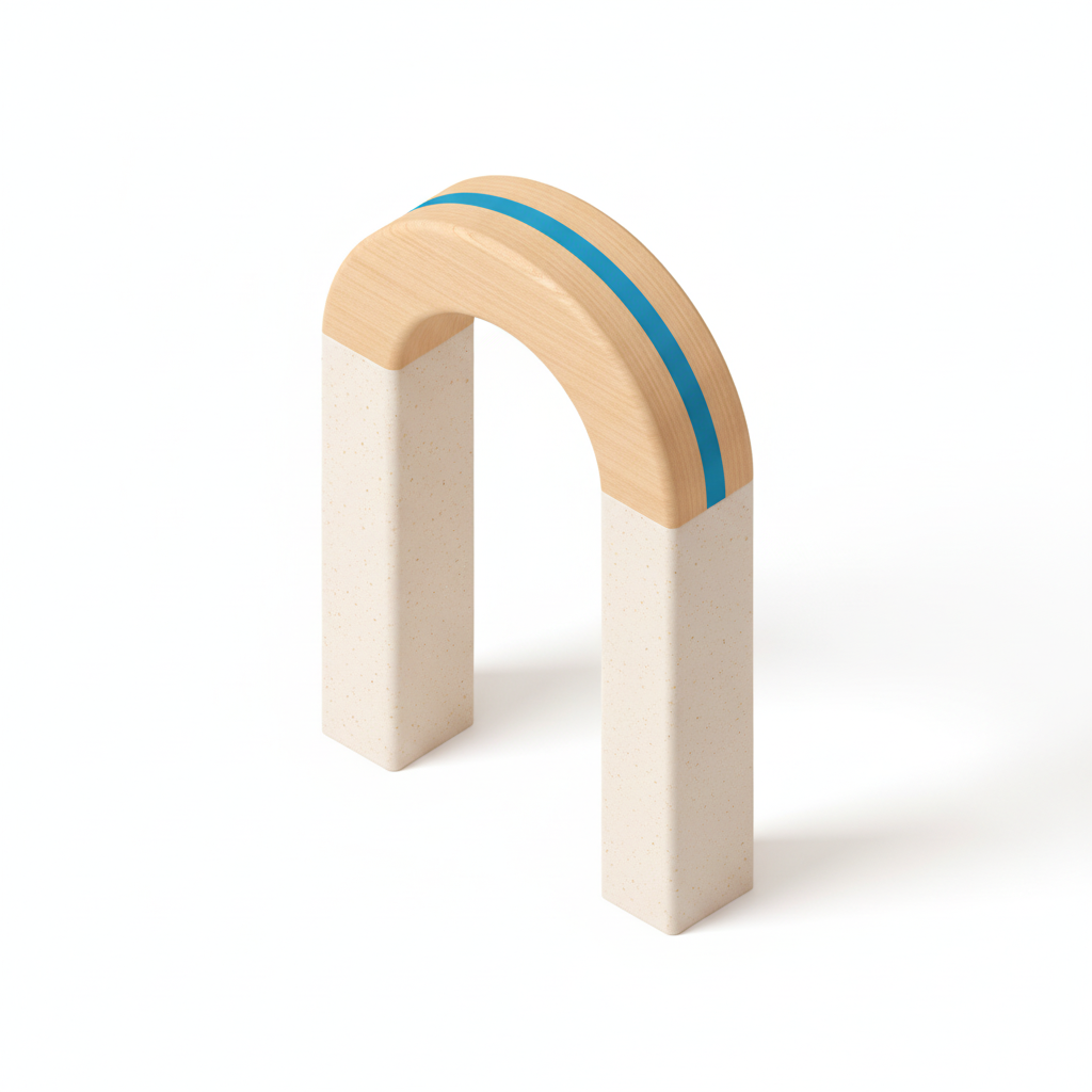 Two ceramic forms joined into an arch by a blue keystone