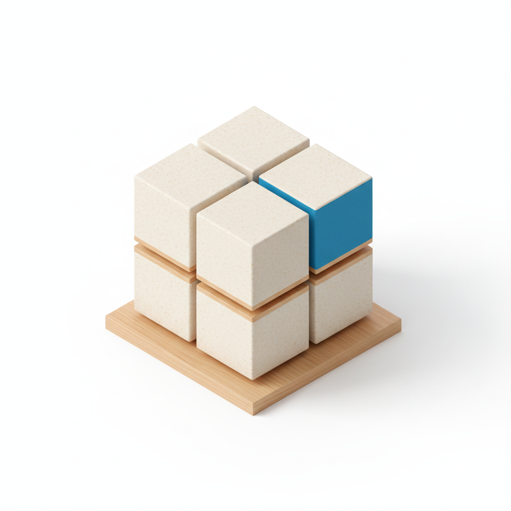 Five separate pieces completing one solid form, the last piece in blue
