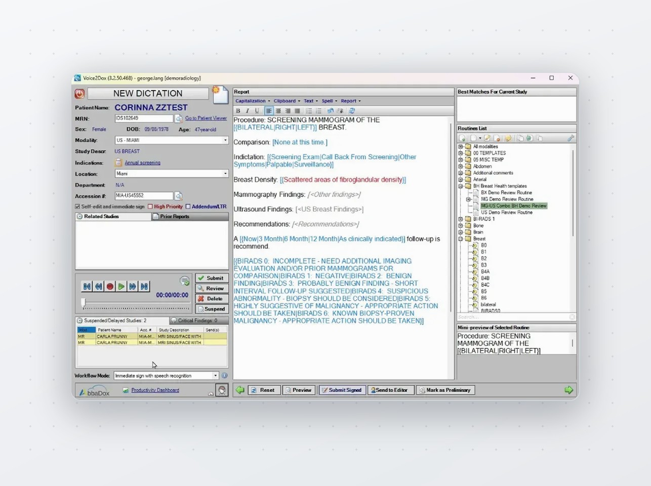 The legacy AbbaDox dictation and reporting screen, a structured radiology report beside its template list
