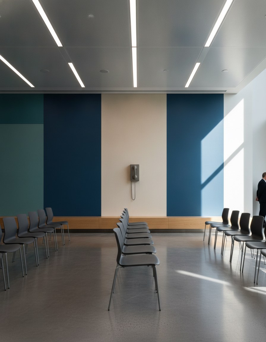 Empty waiting area with a single lit seat