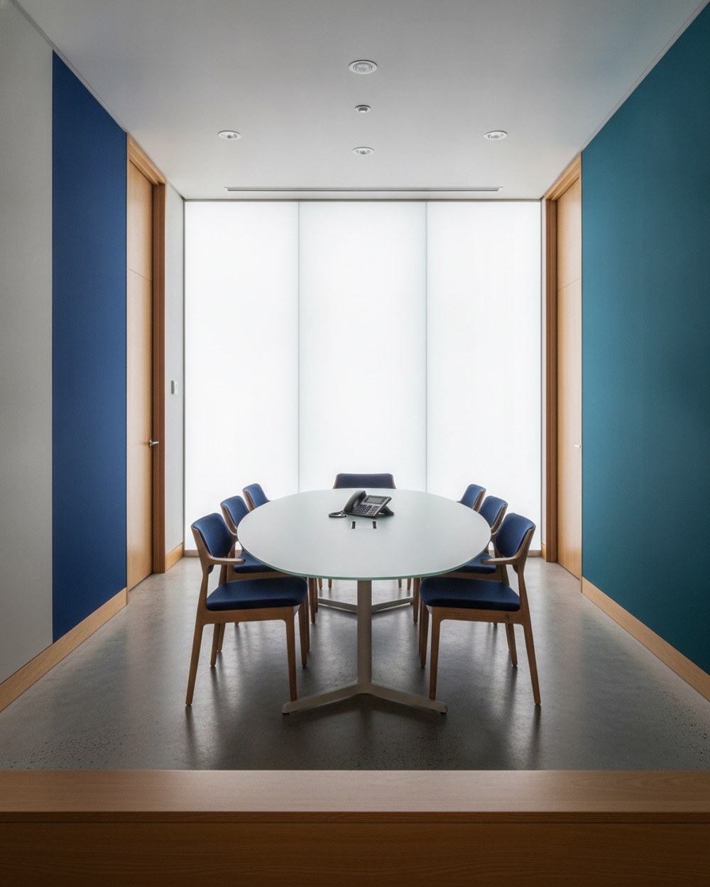 An empty client meeting room with a conference phone