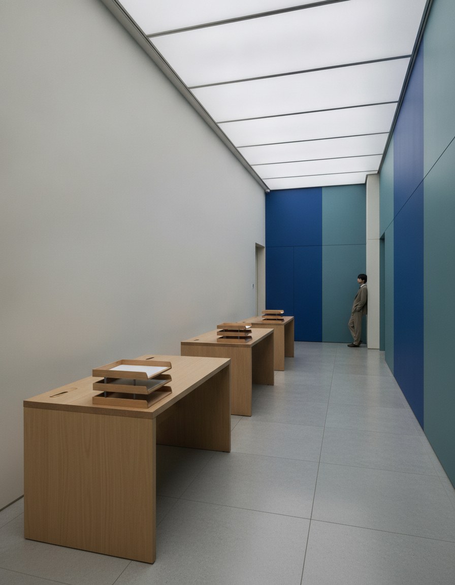 Three empty desks with paper trays