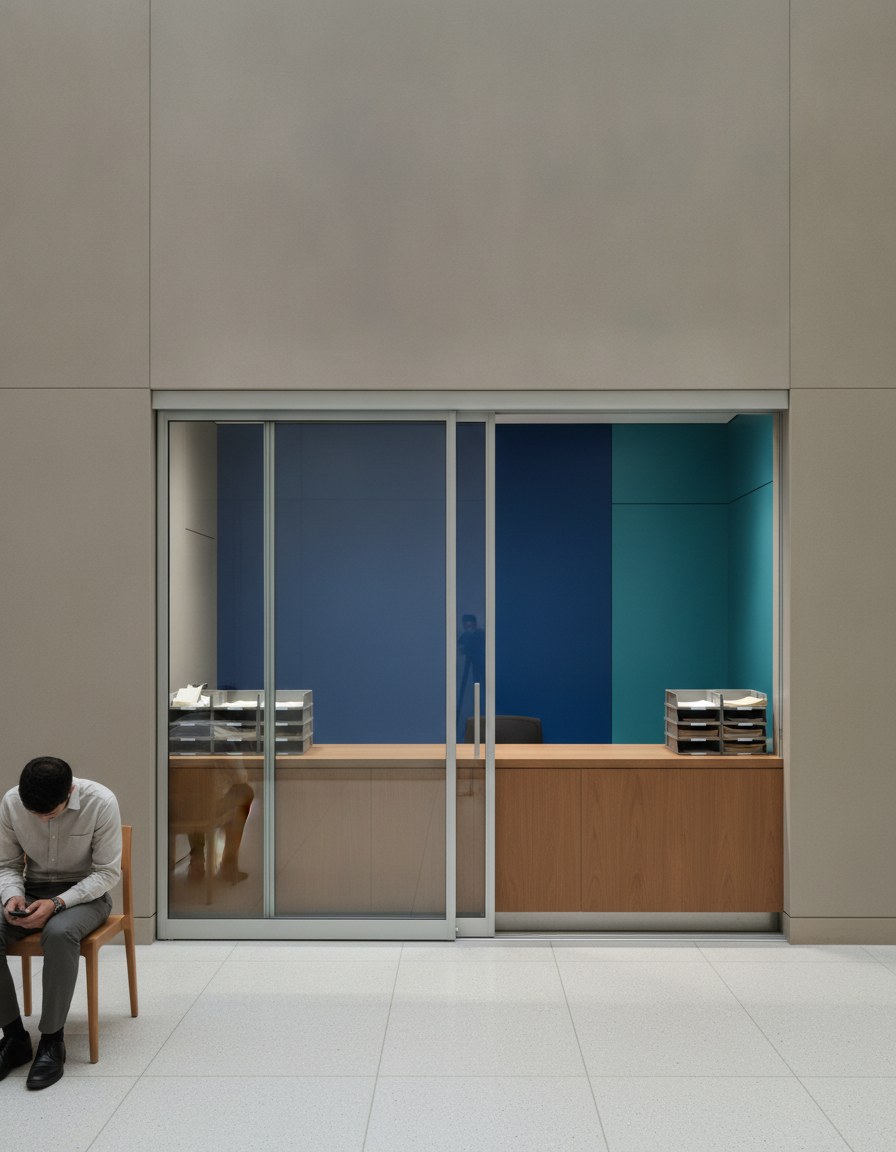 Intake desk behind a closed glass window
