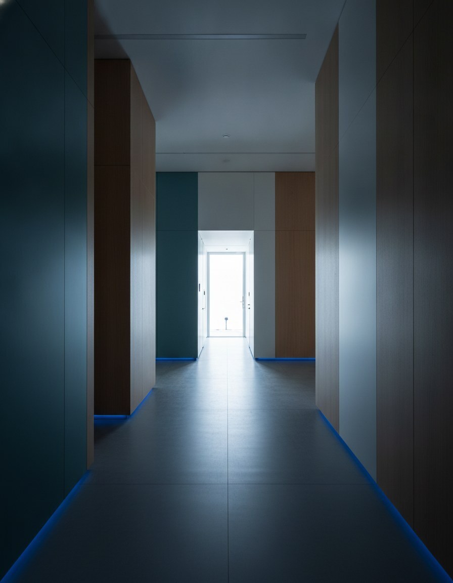 Corridor crossing a bright threshold