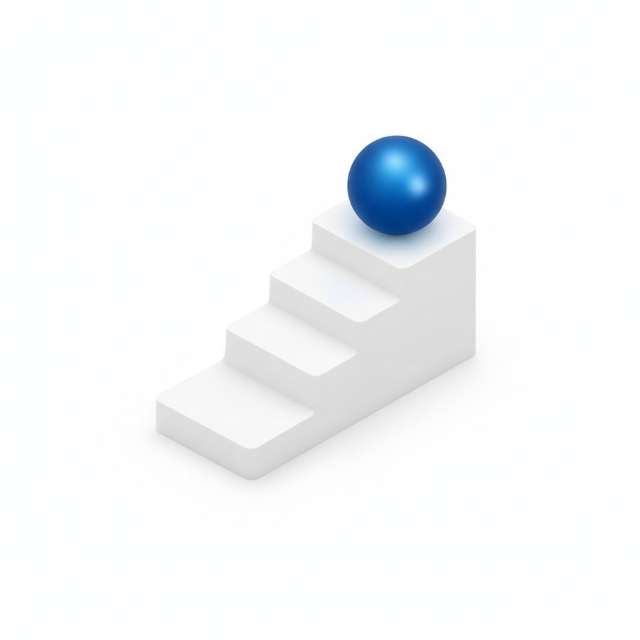 A sphere resting on the top step of a three-step staircase