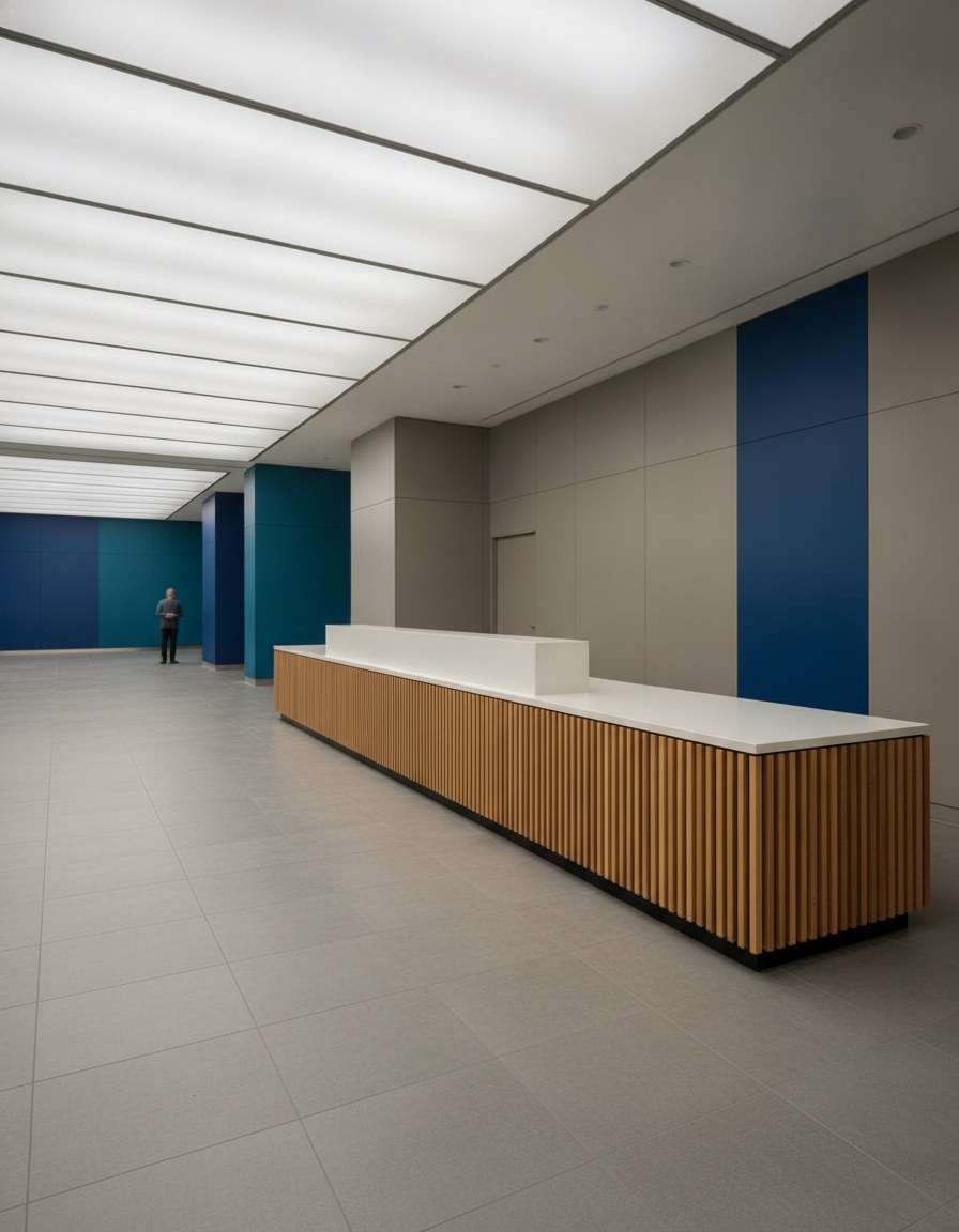 Reception desk seen from the patient side