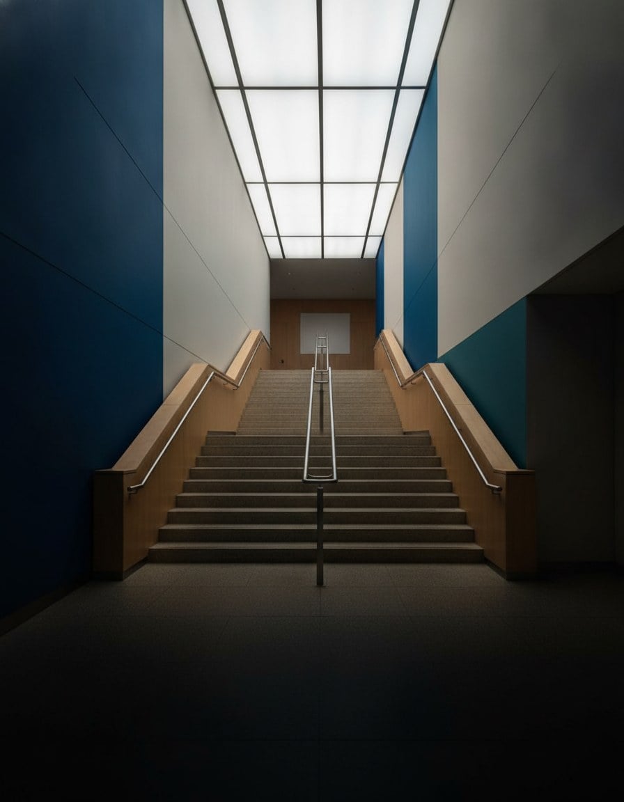 Stairwell rising from shadow into light