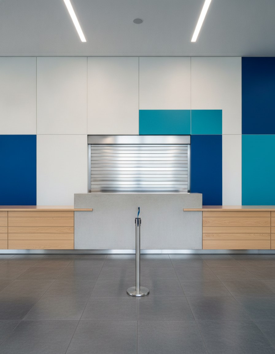 Closed service counter with a queue rail