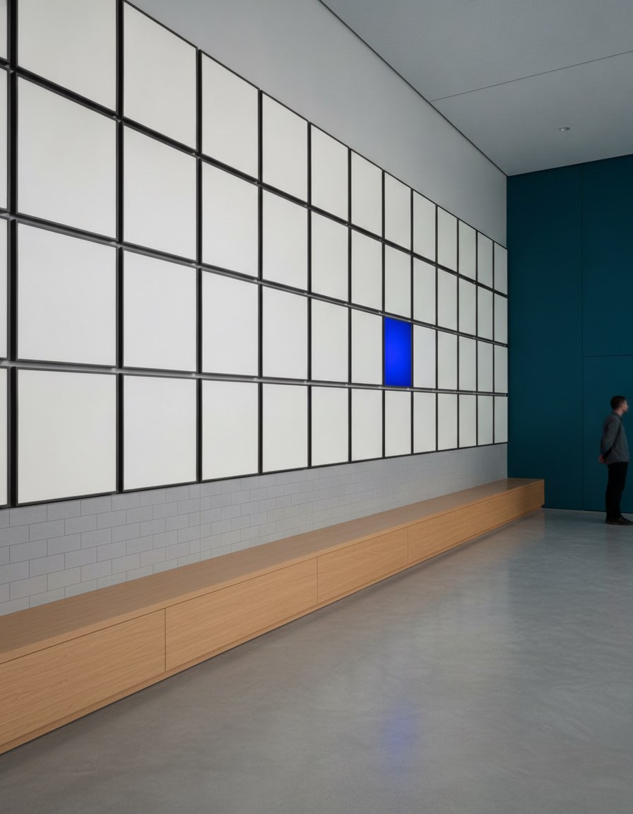 Gallery wall of identical panels, one blue