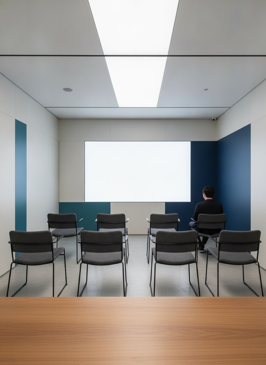 Empty training room facing a blank screen