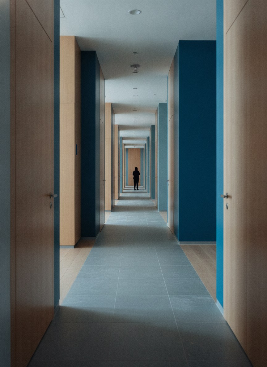Corridor of identical unlabelled doors