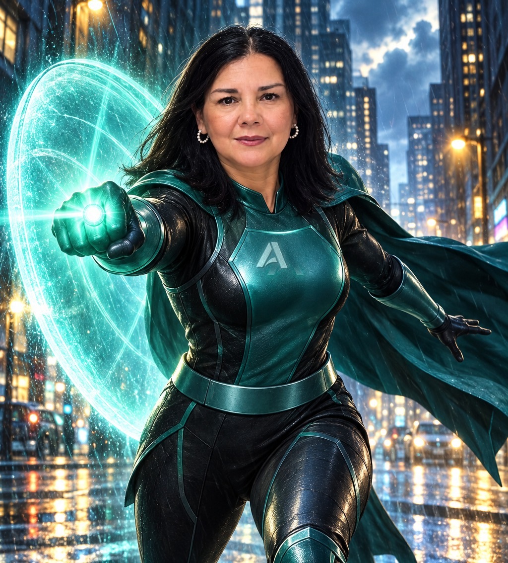 Ines Ponce illustrated as an AbbaDox superhero